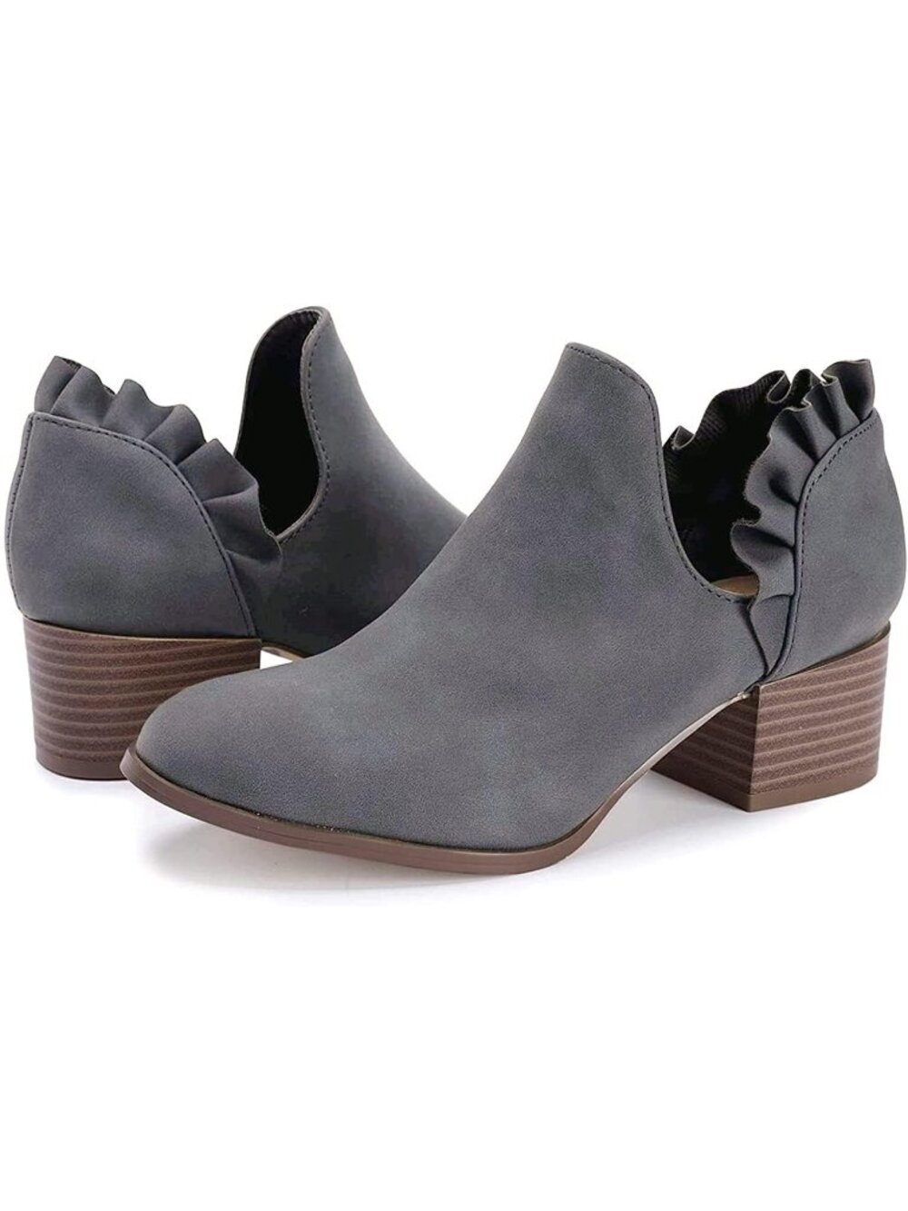Women's Grey Faux Leather Fall Cutout Low Stacked Ruffle Slip On Ankle Booties